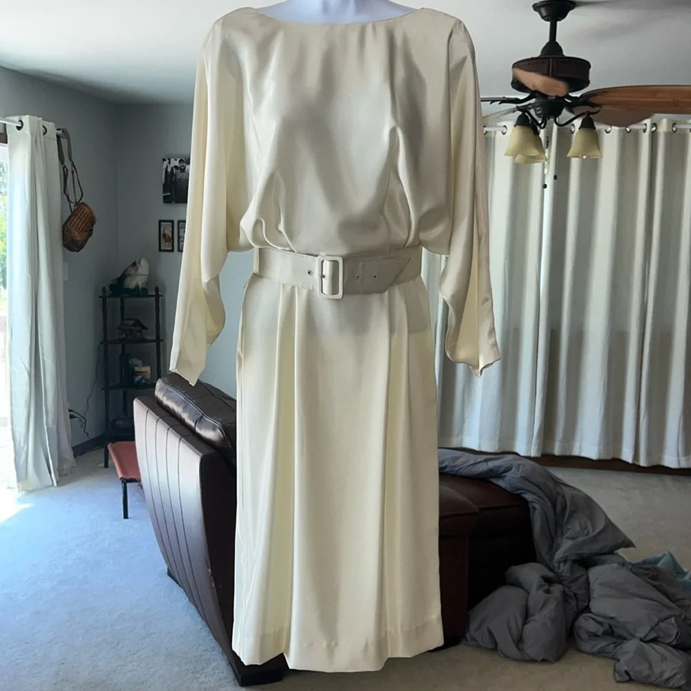 Vintage COCO Cream Midi Scoop Neck Belted Dream Dress Size 4